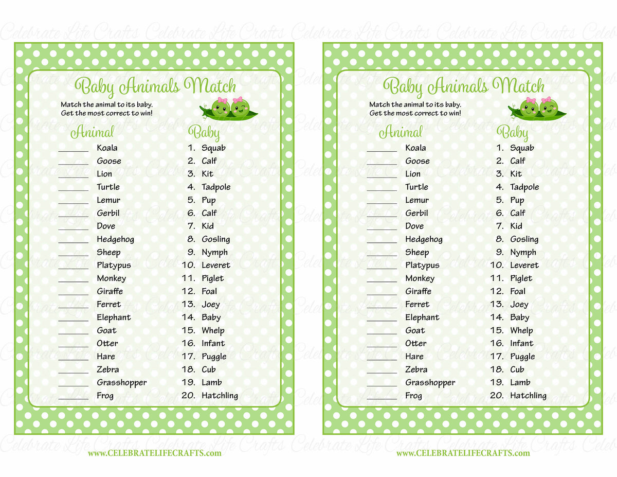 Baby Animals Match Baby Shower Game - Peas in a Pod Baby Shower