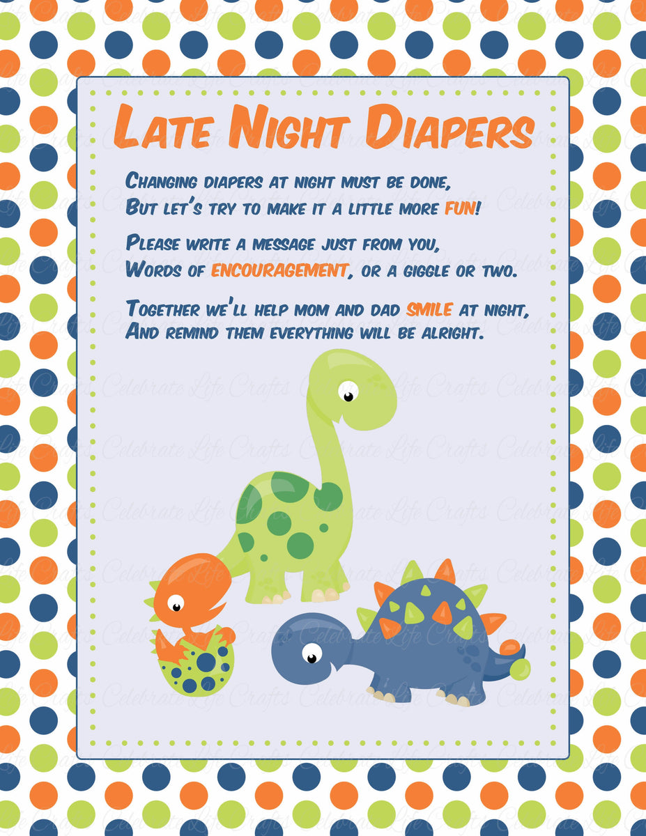 Late Night Diapers Sign for Baby Shower - Dinosaur Baby Shower Theme for  Baby Boy - Navy, Orange & Lime – Celebrate Life Crafts