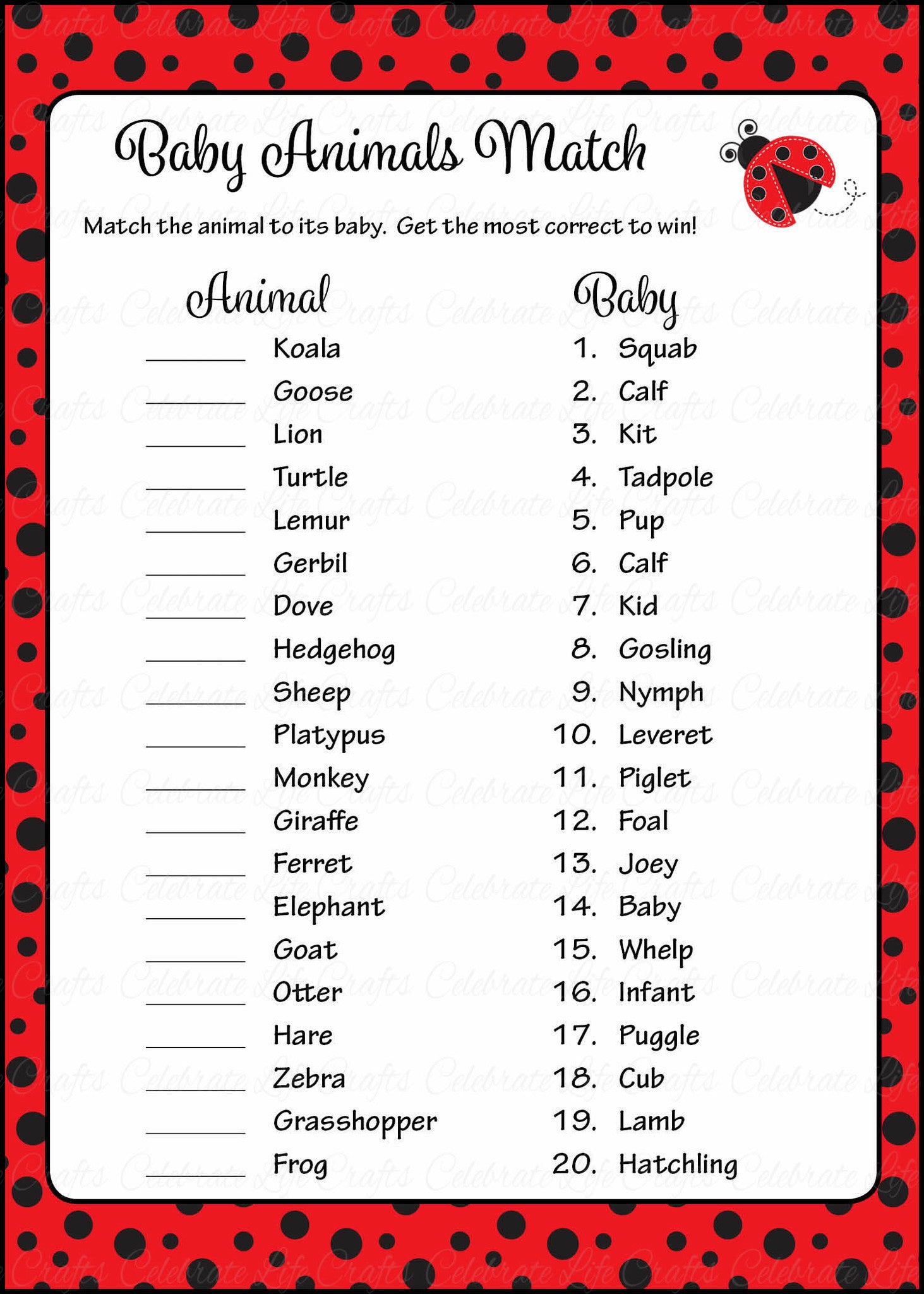 Baby Animals Match Baby Shower Game - Ladybug Baby Shower Theme for Baby  Girl - Red Black – Celebrate Life Crafts