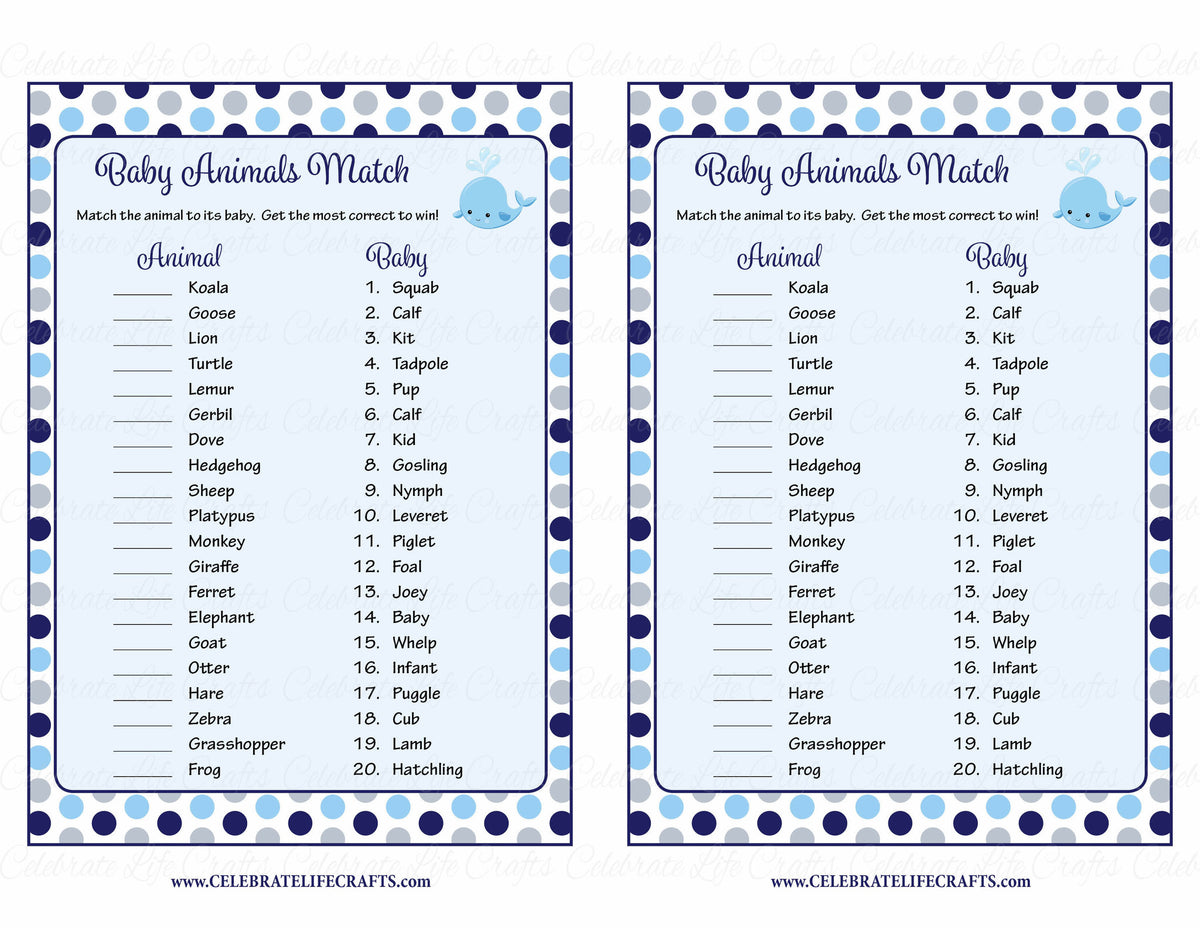 Baby Animals Match Baby Shower Game - Whale Baby Shower Theme For Baby 