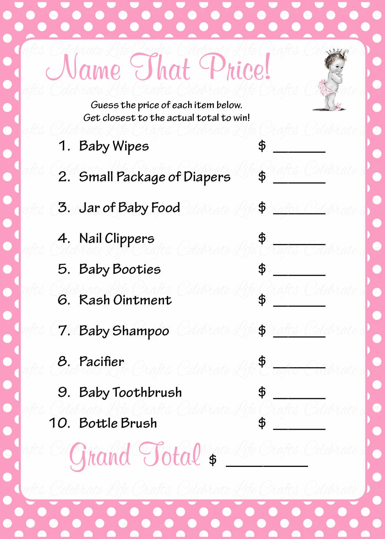 Name That Price Baby Shower Game - Princess Baby Shower Theme for Baby Girl  - Pink – Celebrate Life Crafts