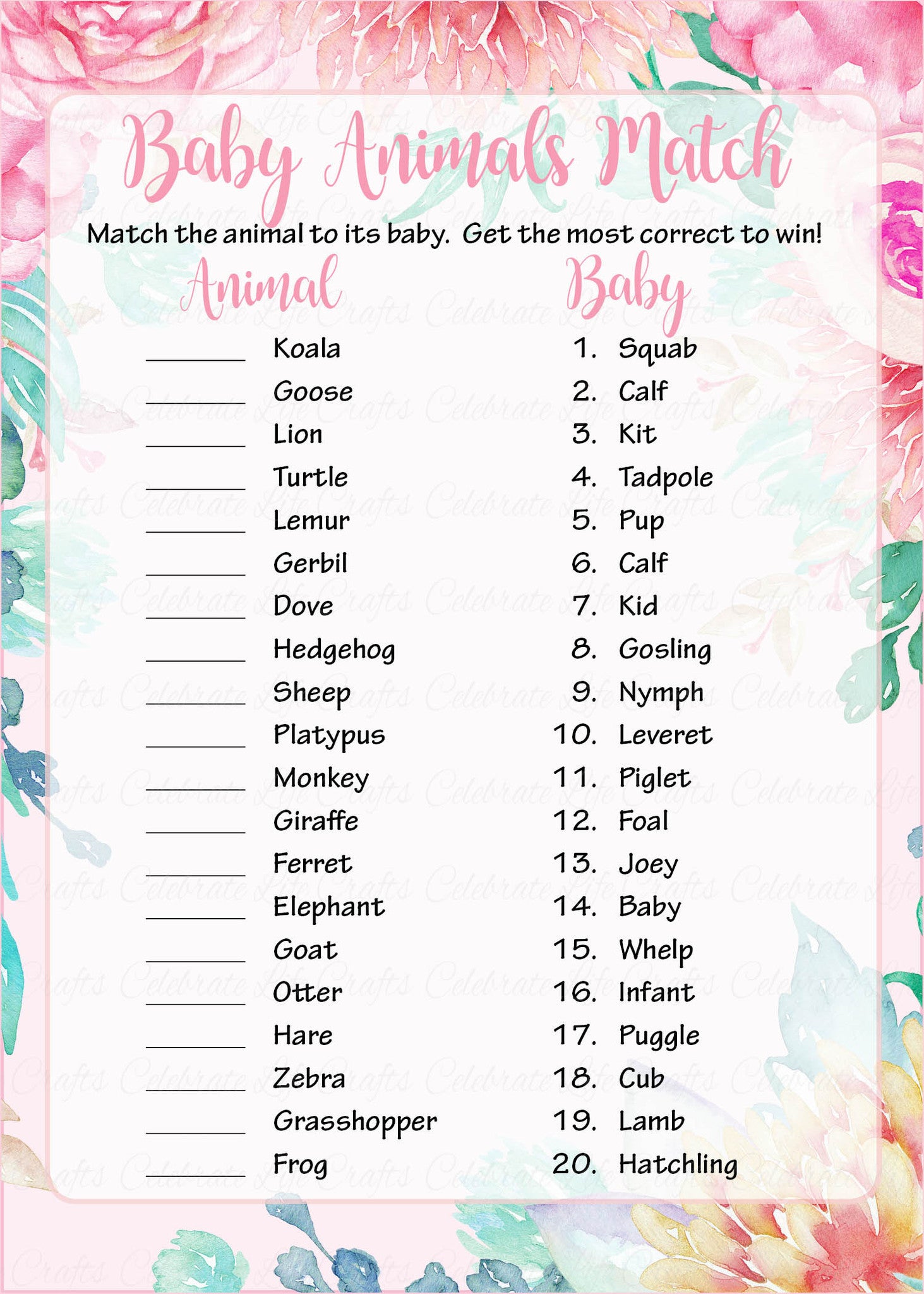 Baby Animals Match Baby Shower Game - Peas in a Pod Baby Shower