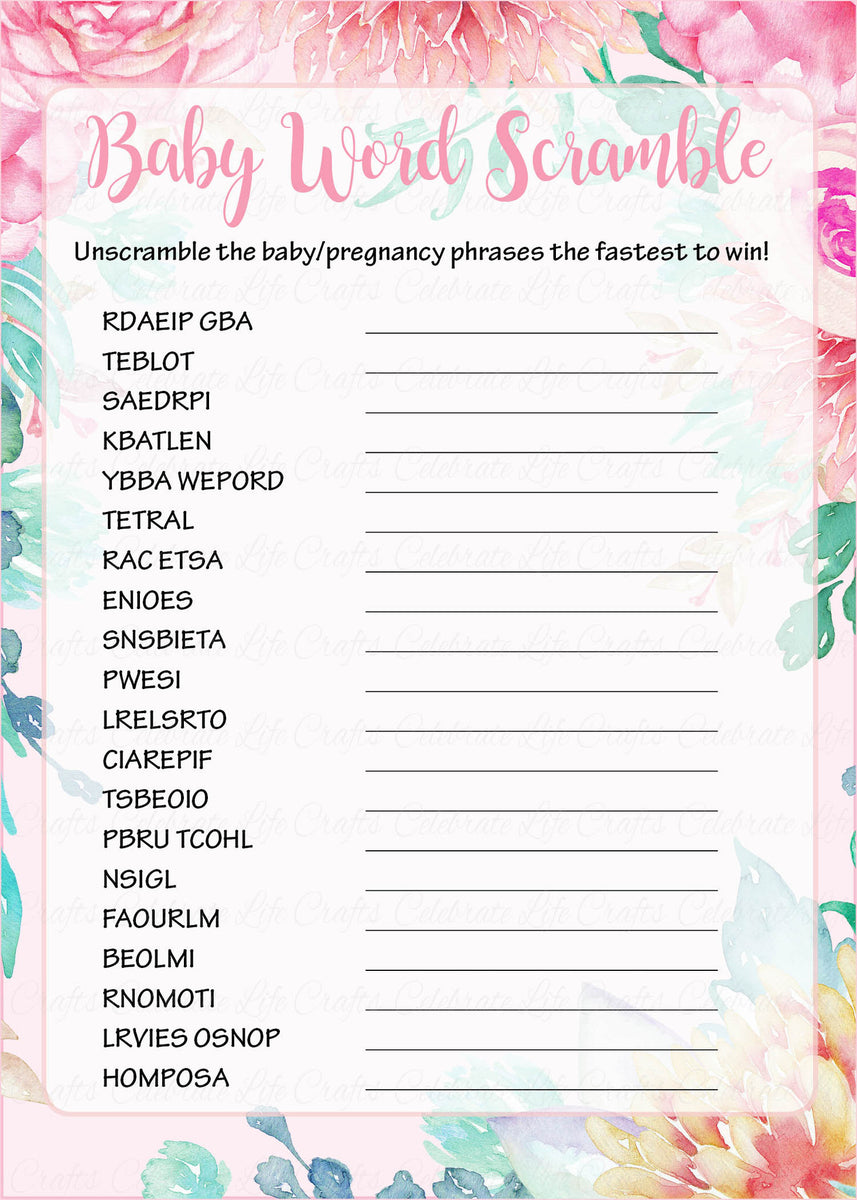 Word Scramble Baby Shower Game - Spring Baby Shower Theme for Baby Girl ...