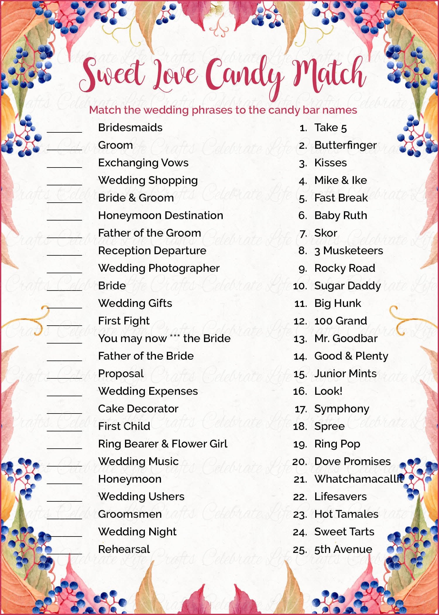 Sweet Love Candy Match Fall Fall Bridal Shower Game Falling In Love Wedding Shower Theme