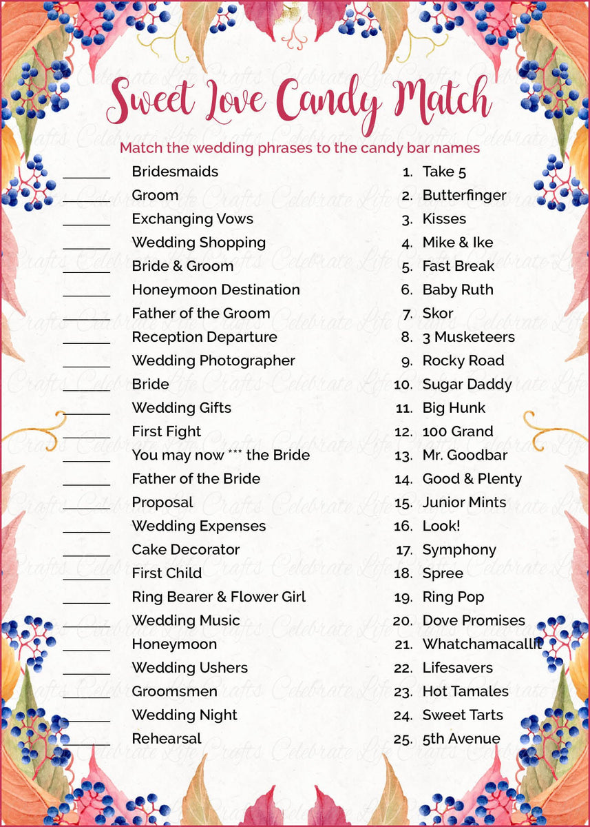 Sweet Love Candy Match Fall Fall Bridal Shower Game - Falling in Love ...